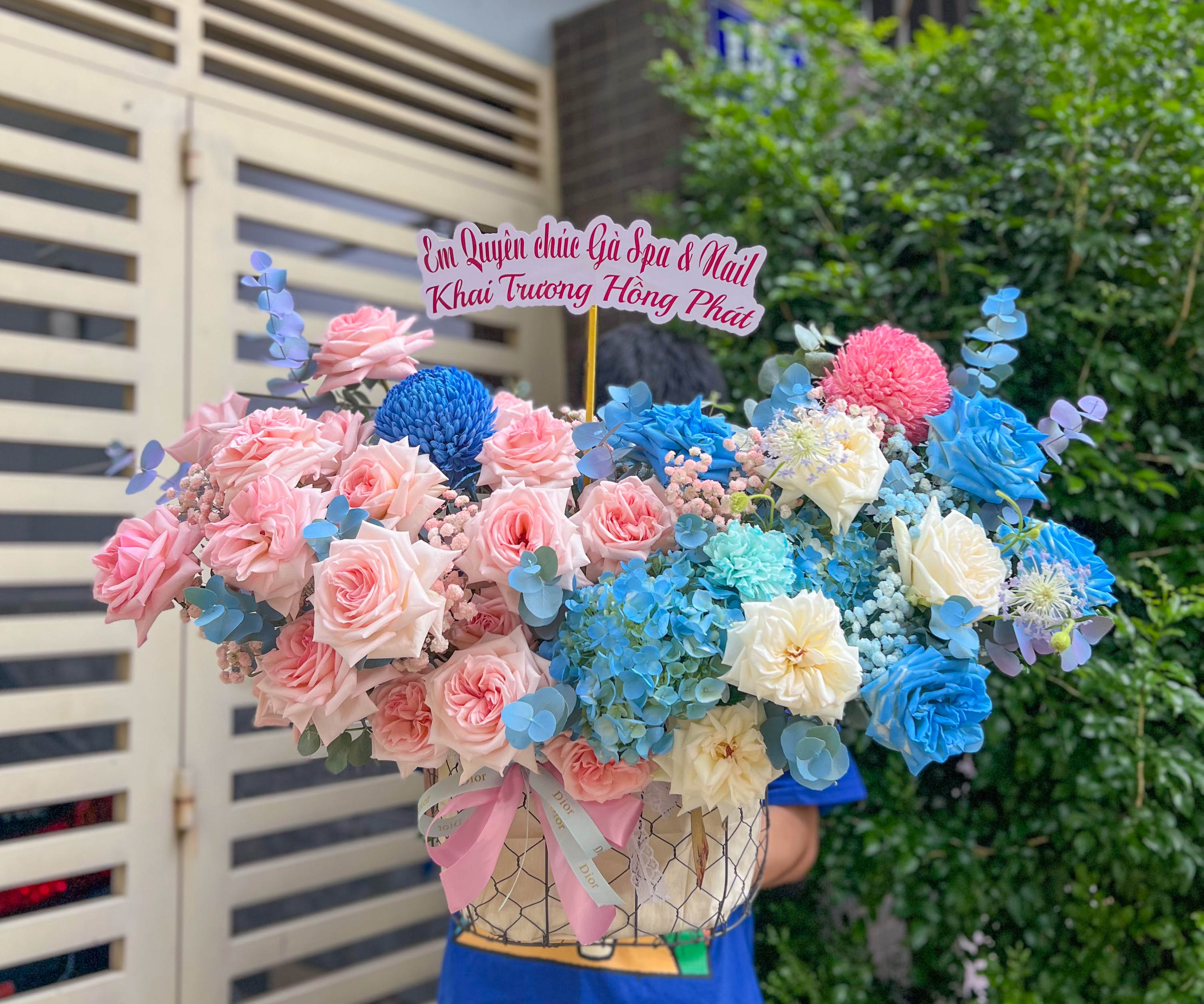 GIỎ HOA KHAI TRƯƠNG TONE HỒNG XANH PASTEL - GH82